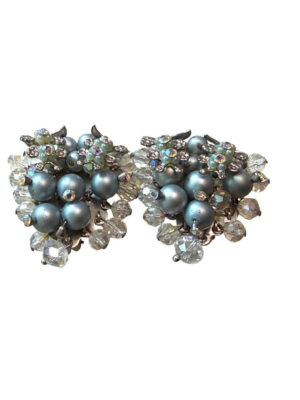 Vintage Blue Cluster Clip-On Earrings With Crystal Beads And Rhinestones